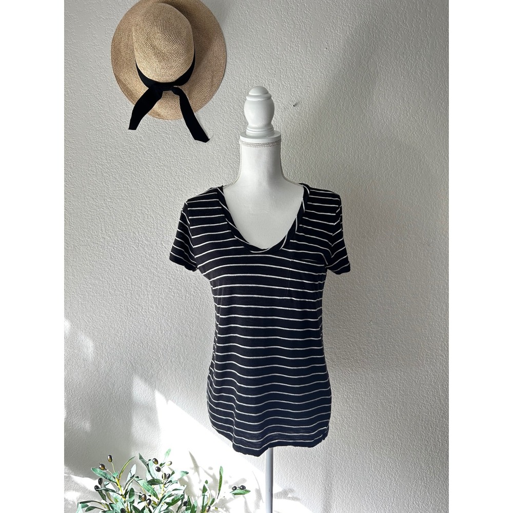 Caslon Womens Black White Striped V-Neck Pocket T-Shirt Cotton Modal Blend Small